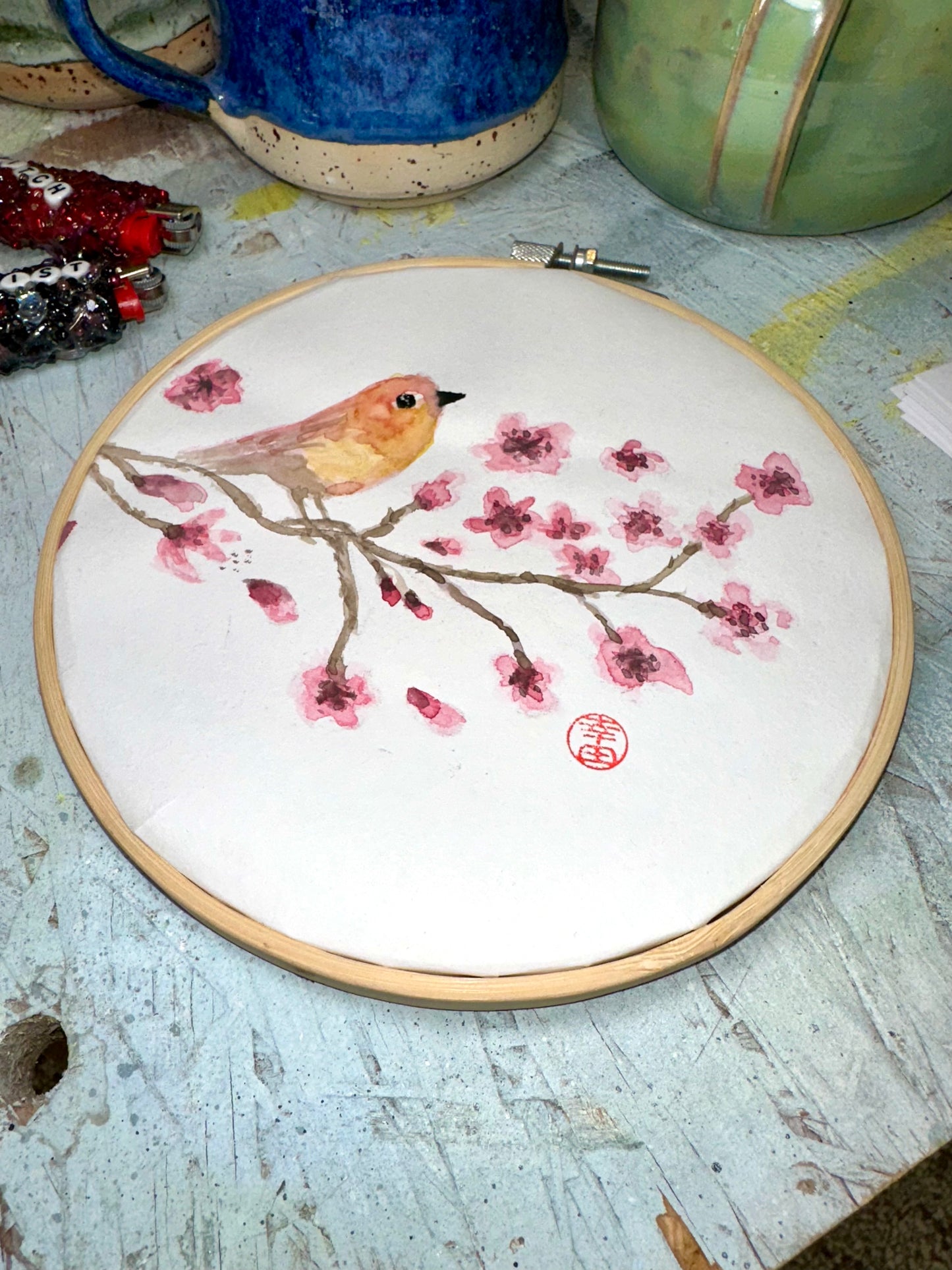 Papelami Stickrahmenbild Cherryblossom Rotkehlchen