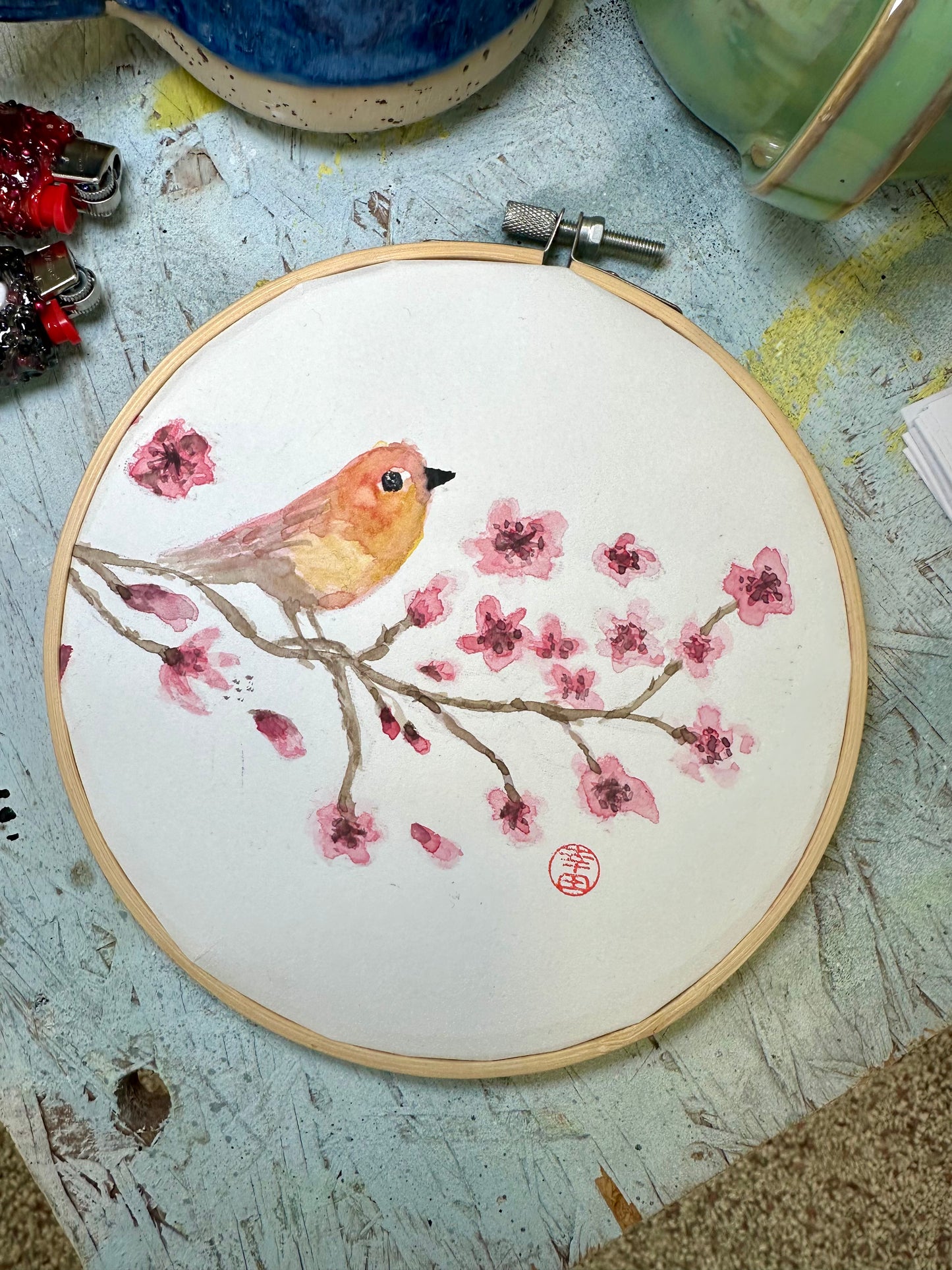 Papelami Stickrahmenbild Cherryblossom Rotkehlchen