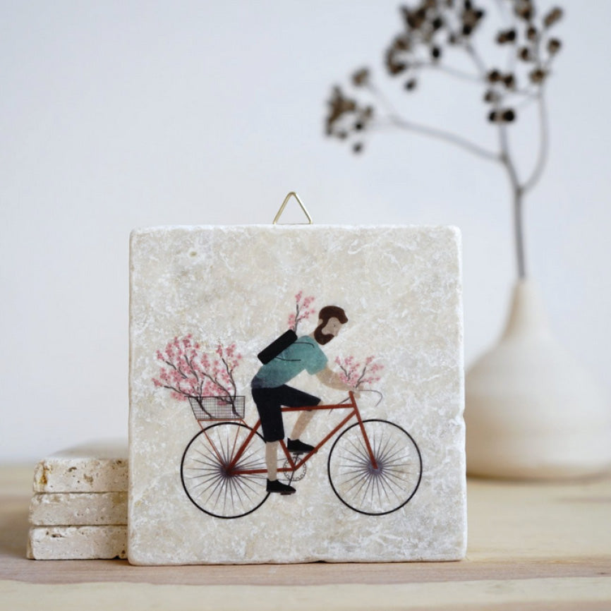 Steinfliese Kirschblüten Fahrradfahrer